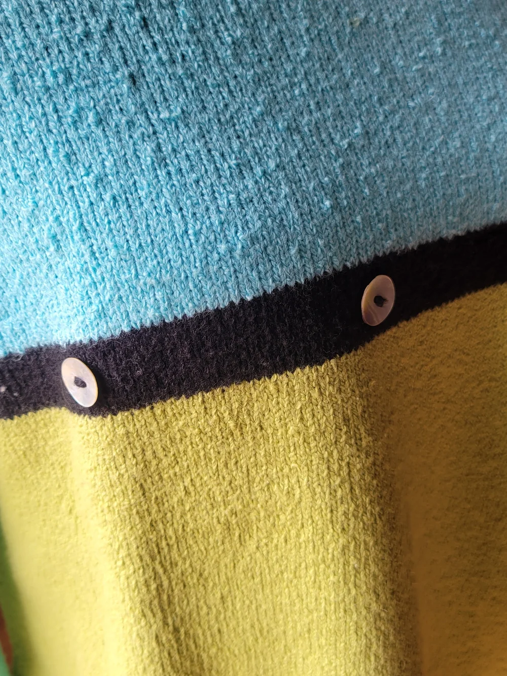 Vintage Colorblock Knit Pullover Sweater Aqua Blue Lime Green Button Accent M